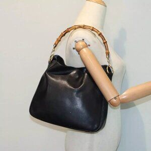 GUCCI Bamboo Hand Bag Leather Black Gold Auth